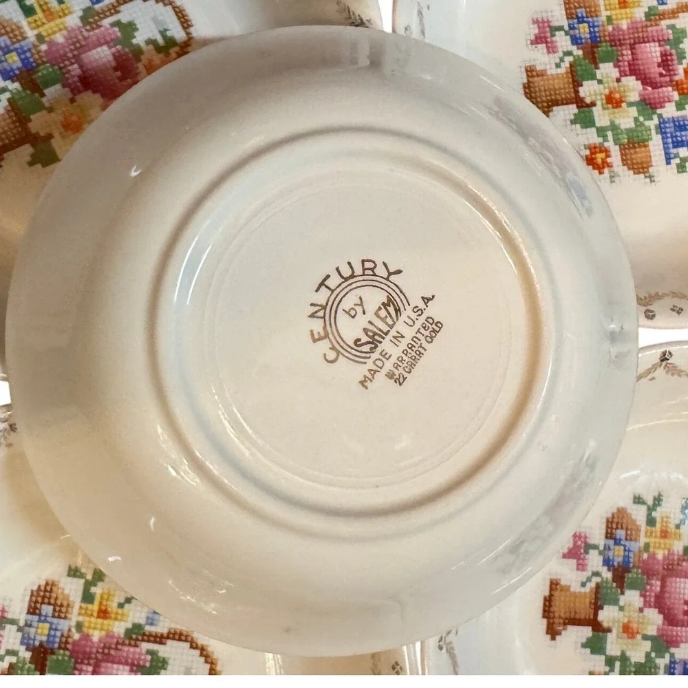 Vintage Century by Salem Cross Stitch Floral Bowls Set of 5 22K Gold Trim 6 Inch